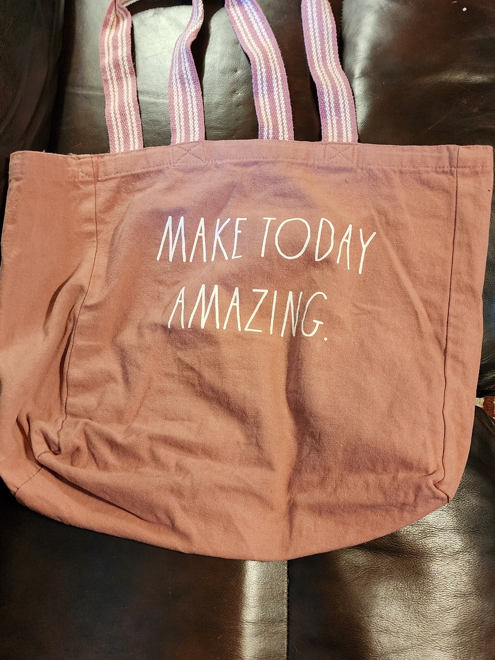Rae Dunn Dusty Rose Canvas Tote with Striped Handles - Picture 3 of 4